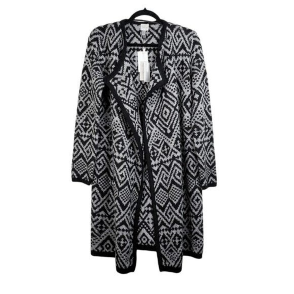 Cupio Womens Long Sleeve Black Grey Pattern Open Front Cardigan Sweater S NWT